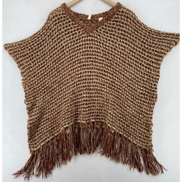 MOTH ANTHROPOLOGIE Sweater PONCHO OS Boho Crochet Oversized Tasseled Brown - Picture 2 of 13